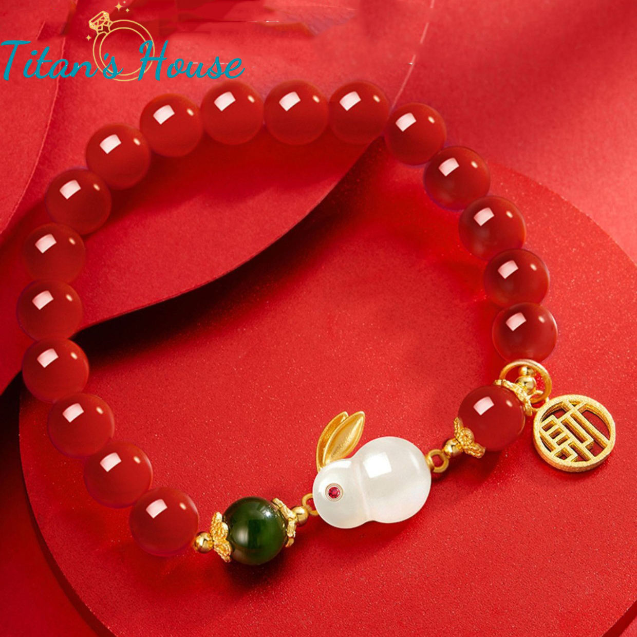 Chuỗi - vòng tay đá Mã Não đỏ kết hợp Charm Thỏ Ngọc - Titan's House - C004T