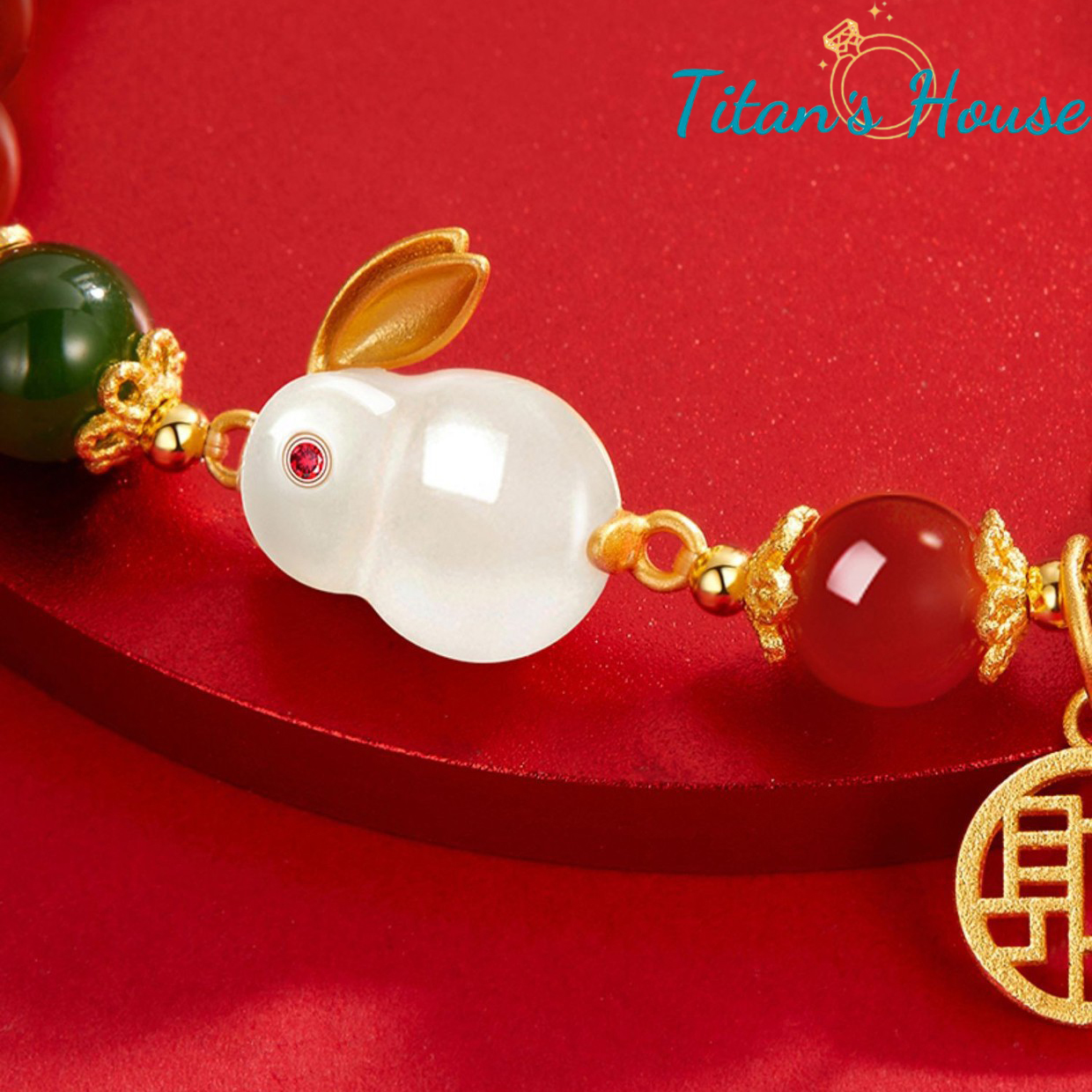 Chuỗi - vòng tay đá Mã Não đỏ kết hợp Charm Thỏ Ngọc - Titan's House - C004T