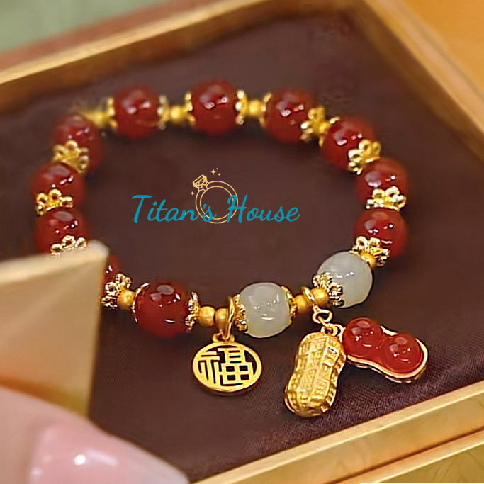  Chuỗi - vòng tay đá Mã Não huyết kết hợp Charm hạt đậu phong thuỷ - Titan's House - C013T