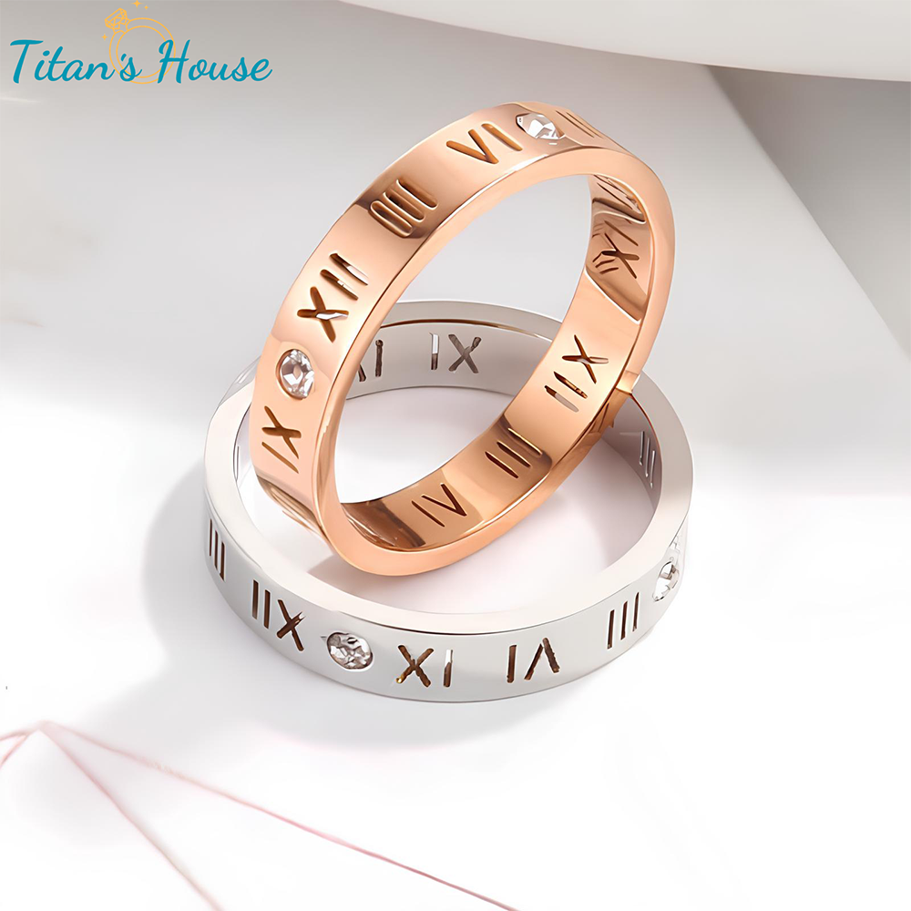 Nhẫn Titan Unisex khắc số La mã đính đá Zircon - Titan's House - N005T